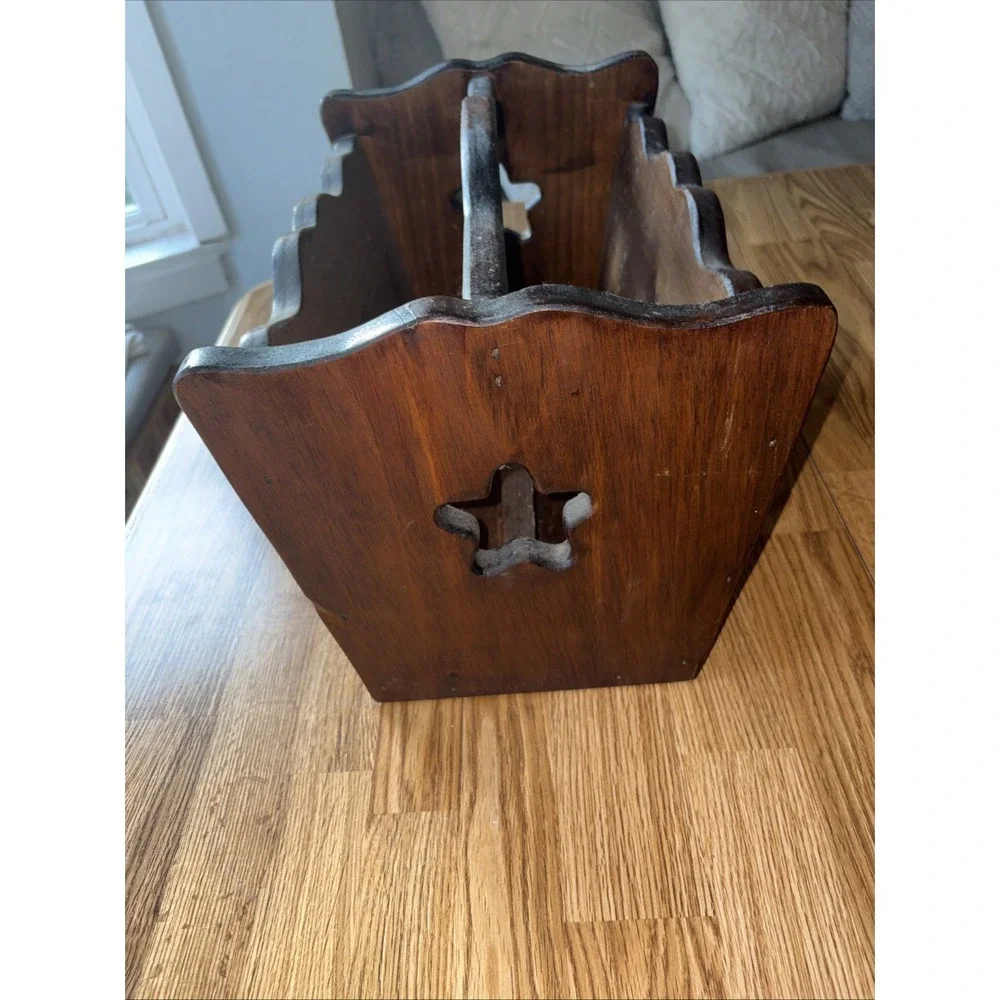 Vintage Solid Wood Mid Century Magazine Record Rack Book Stand Star Cut Out